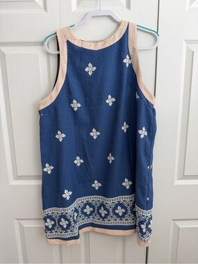 SHEIN Blue Mini Dress with Cream Trim and White Embroidery